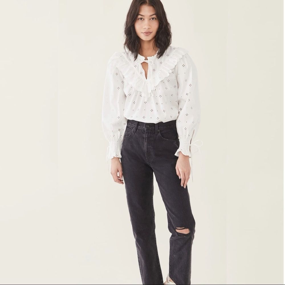 RIXO Danica Eyelet Blouse in Ivory Size Small